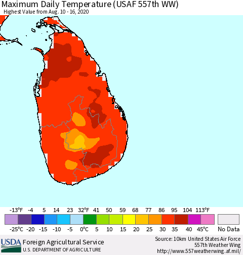 Sri Lanka Maximum Daily Temperature (USAF 557th WW) Thematic Map For 8/10/2020 - 8/16/2020