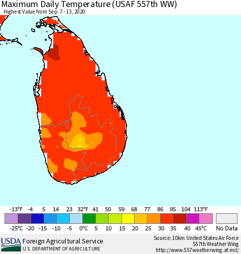 Sri Lanka Maximum Daily Temperature (USAF 557th WW) Thematic Map For 9/7/2020 - 9/13/2020