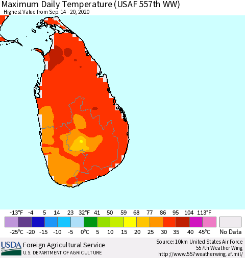 Sri Lanka Extreme Maximum Temperature (USAF 557th WW) Thematic Map For 9/14/2020 - 9/20/2020