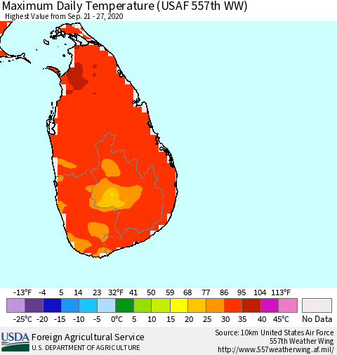 Sri Lanka Maximum Daily Temperature (USAF 557th WW) Thematic Map For 9/21/2020 - 9/27/2020