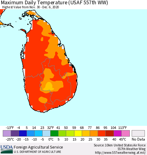 Sri Lanka Extreme Maximum Temperature (USAF 557th WW) Thematic Map For 11/30/2020 - 12/6/2020