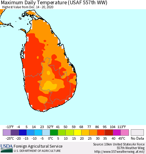 Sri Lanka Extreme Maximum Temperature (USAF 557th WW) Thematic Map For 12/14/2020 - 12/20/2020