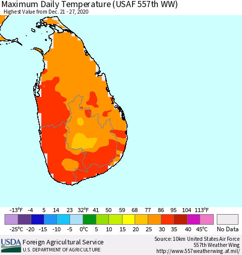 Sri Lanka Extreme Maximum Temperature (USAF 557th WW) Thematic Map For 12/21/2020 - 12/27/2020