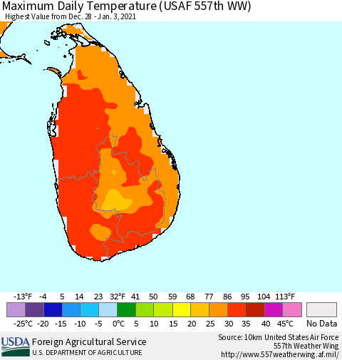 Sri Lanka Extreme Maximum Temperature (USAF 557th WW) Thematic Map For 12/28/2020 - 1/3/2021