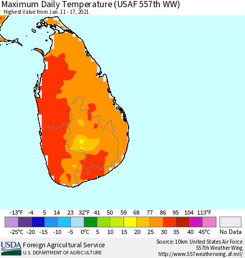 Sri Lanka Extreme Maximum Temperature (USAF 557th WW) Thematic Map For 1/11/2021 - 1/17/2021