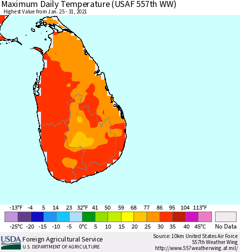 Sri Lanka Maximum Daily Temperature (USAF 557th WW) Thematic Map For 1/25/2021 - 1/31/2021