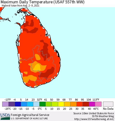 Sri Lanka Maximum Daily Temperature (USAF 557th WW) Thematic Map For 8/2/2021 - 8/8/2021