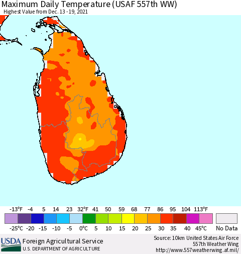 Sri Lanka Extreme Maximum Temperature (USAF 557th WW) Thematic Map For 12/13/2021 - 12/19/2021
