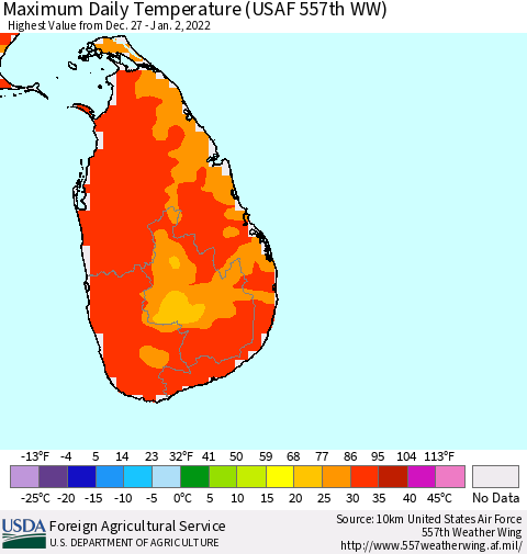 Sri Lanka Maximum Daily Temperature (USAF 557th WW) Thematic Map For 12/27/2021 - 1/2/2022