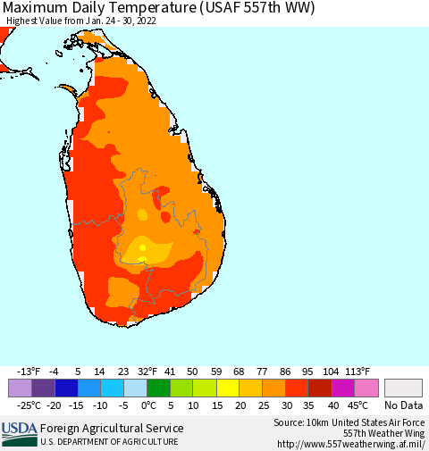 Sri Lanka Maximum Daily Temperature (USAF 557th WW) Thematic Map For 1/24/2022 - 1/30/2022