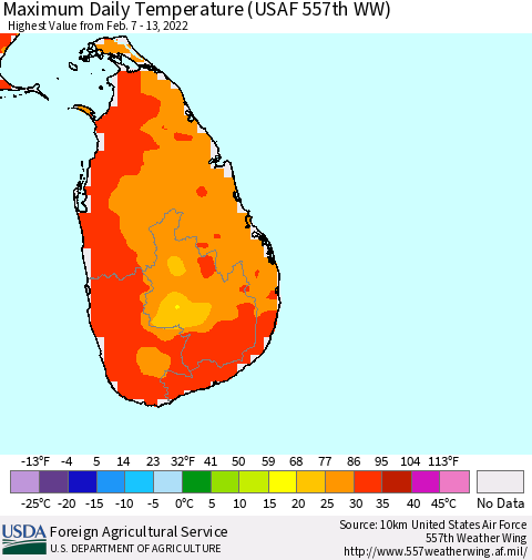 Sri Lanka Maximum Daily Temperature (USAF 557th WW) Thematic Map For 2/7/2022 - 2/13/2022