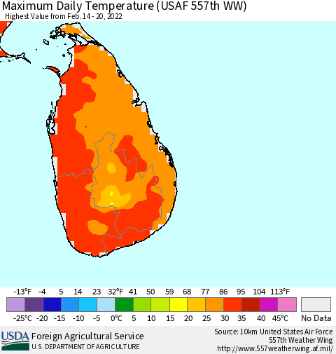 Sri Lanka Maximum Daily Temperature (USAF 557th WW) Thematic Map For 2/14/2022 - 2/20/2022
