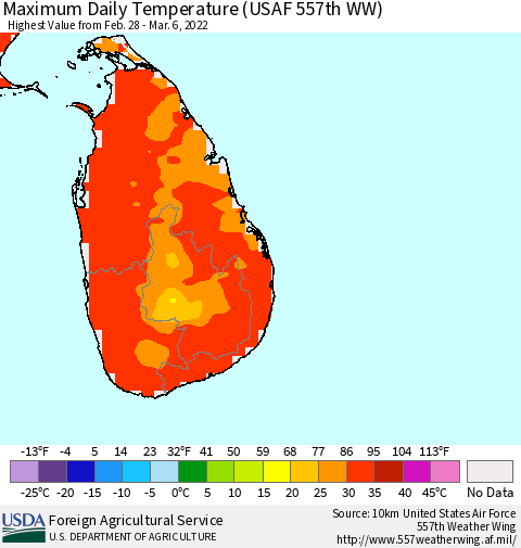 Sri Lanka Maximum Daily Temperature (USAF 557th WW) Thematic Map For 2/28/2022 - 3/6/2022