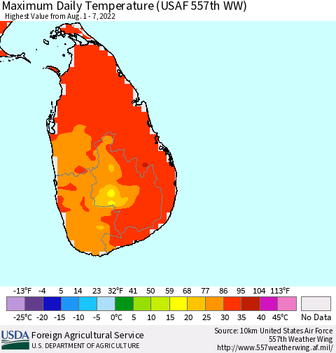Sri Lanka Extreme Maximum Temperature (USAF 557th WW) Thematic Map For 8/1/2022 - 8/7/2022