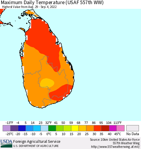 Sri Lanka Maximum Daily Temperature (USAF 557th WW) Thematic Map For 8/29/2022 - 9/4/2022