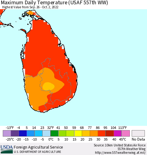 Sri Lanka Maximum Daily Temperature (USAF 557th WW) Thematic Map For 9/26/2022 - 10/2/2022