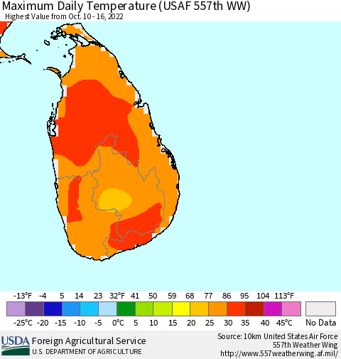 Sri Lanka Maximum Daily Temperature (USAF 557th WW) Thematic Map For 10/10/2022 - 10/16/2022