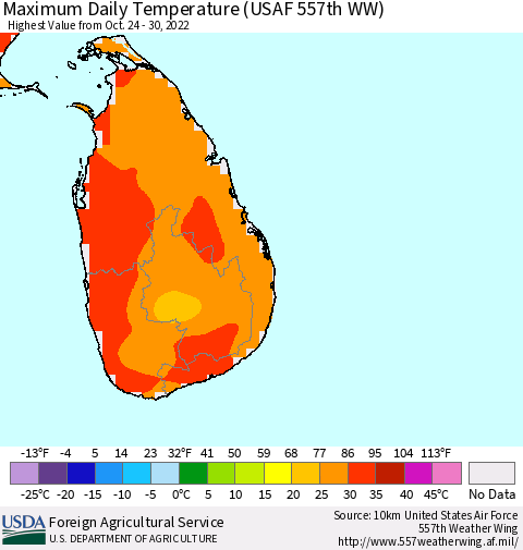 Sri Lanka Maximum Daily Temperature (USAF 557th WW) Thematic Map For 10/24/2022 - 10/30/2022