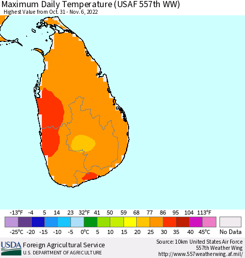Sri Lanka Maximum Daily Temperature (USAF 557th WW) Thematic Map For 10/31/2022 - 11/6/2022