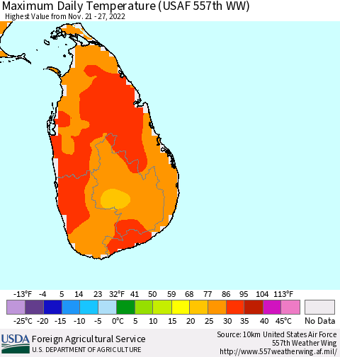 Sri Lanka Maximum Daily Temperature (USAF 557th WW) Thematic Map For 11/21/2022 - 11/27/2022