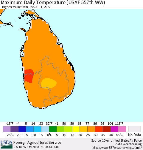 Sri Lanka Maximum Daily Temperature (USAF 557th WW) Thematic Map For 12/5/2022 - 12/11/2022