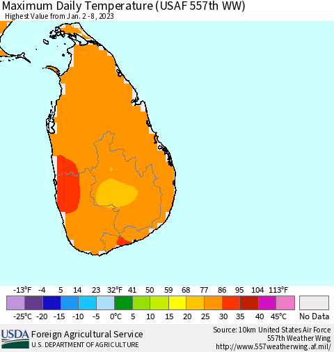 Sri Lanka Maximum Daily Temperature (USAF 557th WW) Thematic Map For 1/2/2023 - 1/8/2023