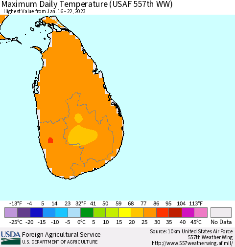 Sri Lanka Maximum Daily Temperature (USAF 557th WW) Thematic Map For 1/16/2023 - 1/22/2023