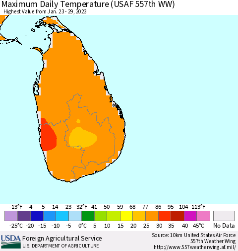 Sri Lanka Maximum Daily Temperature (USAF 557th WW) Thematic Map For 1/23/2023 - 1/29/2023