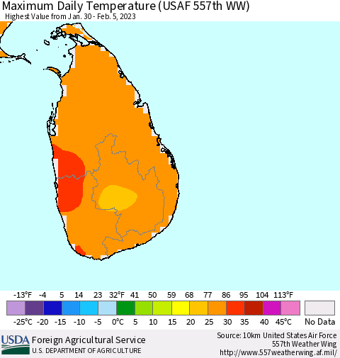 Sri Lanka Maximum Daily Temperature (USAF 557th WW) Thematic Map For 1/30/2023 - 2/5/2023