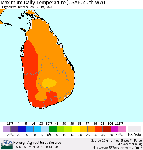 Sri Lanka Maximum Daily Temperature (USAF 557th WW) Thematic Map For 2/13/2023 - 2/19/2023
