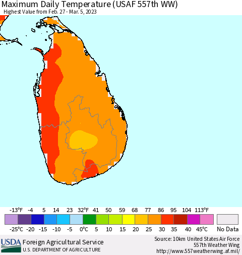 Sri Lanka Maximum Daily Temperature (USAF 557th WW) Thematic Map For 2/27/2023 - 3/5/2023