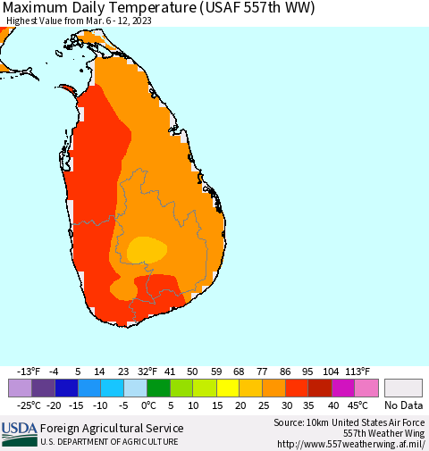Sri Lanka Maximum Daily Temperature (USAF 557th WW) Thematic Map For 3/6/2023 - 3/12/2023