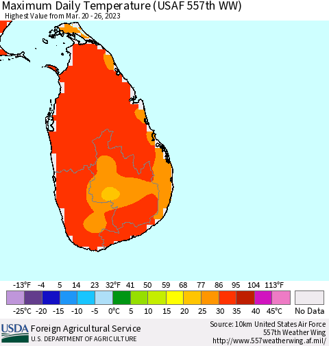 Sri Lanka Maximum Daily Temperature (USAF 557th WW) Thematic Map For 3/20/2023 - 3/26/2023