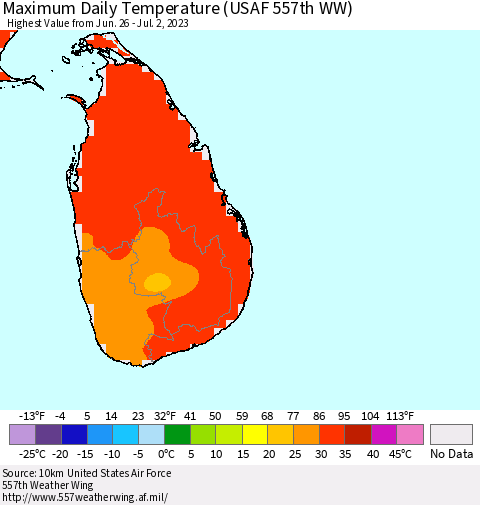 Sri Lanka Maximum Daily Temperature (USAF 557th WW) Thematic Map For 6/26/2023 - 7/2/2023