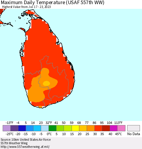 Sri Lanka Maximum Daily Temperature (USAF 557th WW) Thematic Map For 7/17/2023 - 7/23/2023