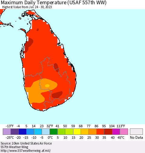 Sri Lanka Maximum Daily Temperature (USAF 557th WW) Thematic Map For 7/24/2023 - 7/30/2023