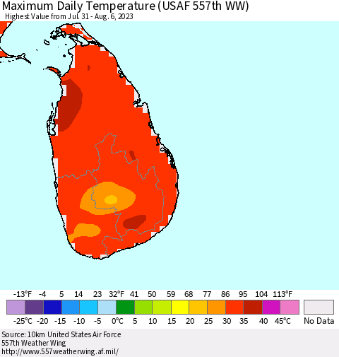 Sri Lanka Maximum Daily Temperature (USAF 557th WW) Thematic Map For 7/31/2023 - 8/6/2023