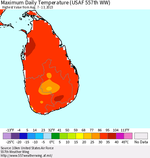 Sri Lanka Maximum Daily Temperature (USAF 557th WW) Thematic Map For 8/7/2023 - 8/13/2023