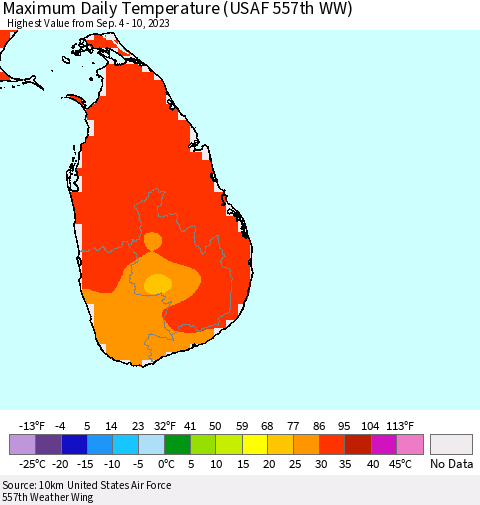 Sri Lanka Maximum Daily Temperature (USAF 557th WW) Thematic Map For 9/4/2023 - 9/10/2023