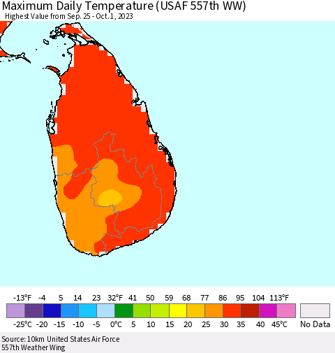 Sri Lanka Maximum Daily Temperature (USAF 557th WW) Thematic Map For 9/25/2023 - 10/1/2023