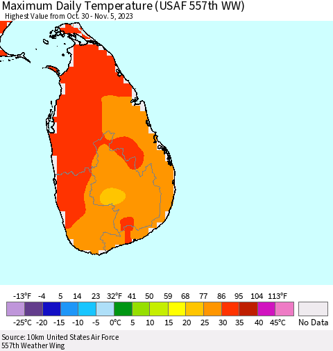 Sri Lanka Maximum Daily Temperature (USAF 557th WW) Thematic Map For 10/30/2023 - 11/5/2023