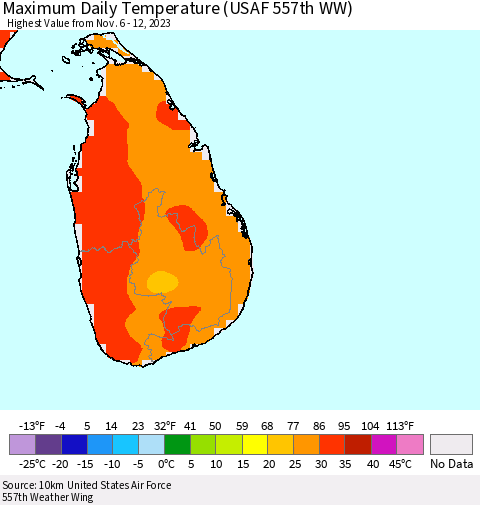Sri Lanka Maximum Daily Temperature (USAF 557th WW) Thematic Map For 11/6/2023 - 11/12/2023