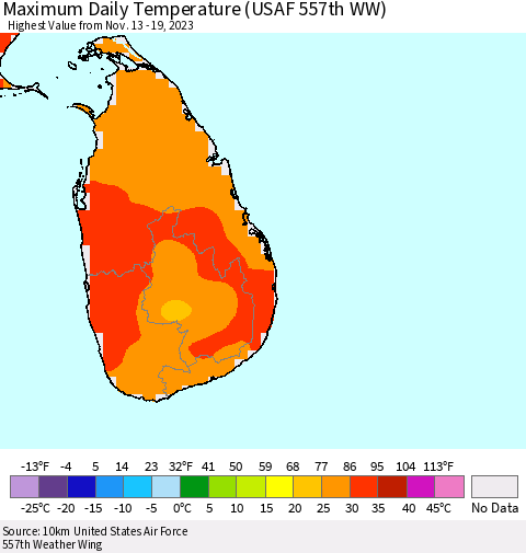 Sri Lanka Maximum Daily Temperature (USAF 557th WW) Thematic Map For 11/13/2023 - 11/19/2023