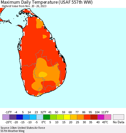 Sri Lanka Maximum Daily Temperature (USAF 557th WW) Thematic Map For 11/20/2023 - 11/26/2023