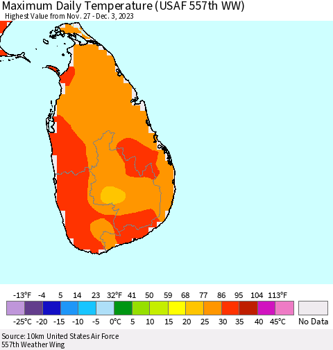 Sri Lanka Maximum Daily Temperature (USAF 557th WW) Thematic Map For 11/27/2023 - 12/3/2023