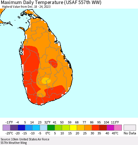 Sri Lanka Maximum Daily Temperature (USAF 557th WW) Thematic Map For 12/18/2023 - 12/24/2023