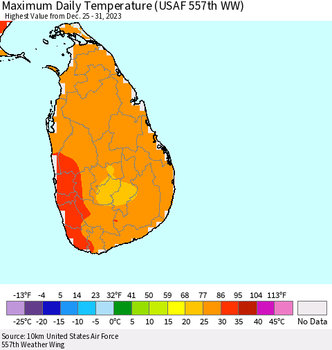 Sri Lanka Maximum Daily Temperature (USAF 557th WW) Thematic Map For 12/25/2023 - 12/31/2023