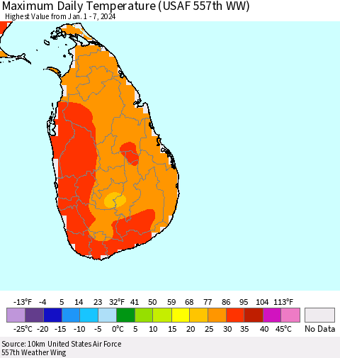 Sri Lanka Maximum Daily Temperature (USAF 557th WW) Thematic Map For 1/1/2024 - 1/7/2024