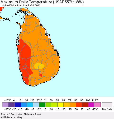 Sri Lanka Maximum Daily Temperature (USAF 557th WW) Thematic Map For 1/8/2024 - 1/14/2024
