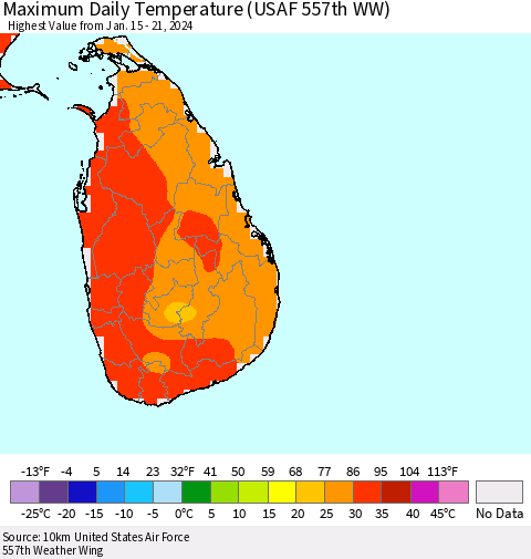 Sri Lanka Maximum Daily Temperature (USAF 557th WW) Thematic Map For 1/15/2024 - 1/21/2024